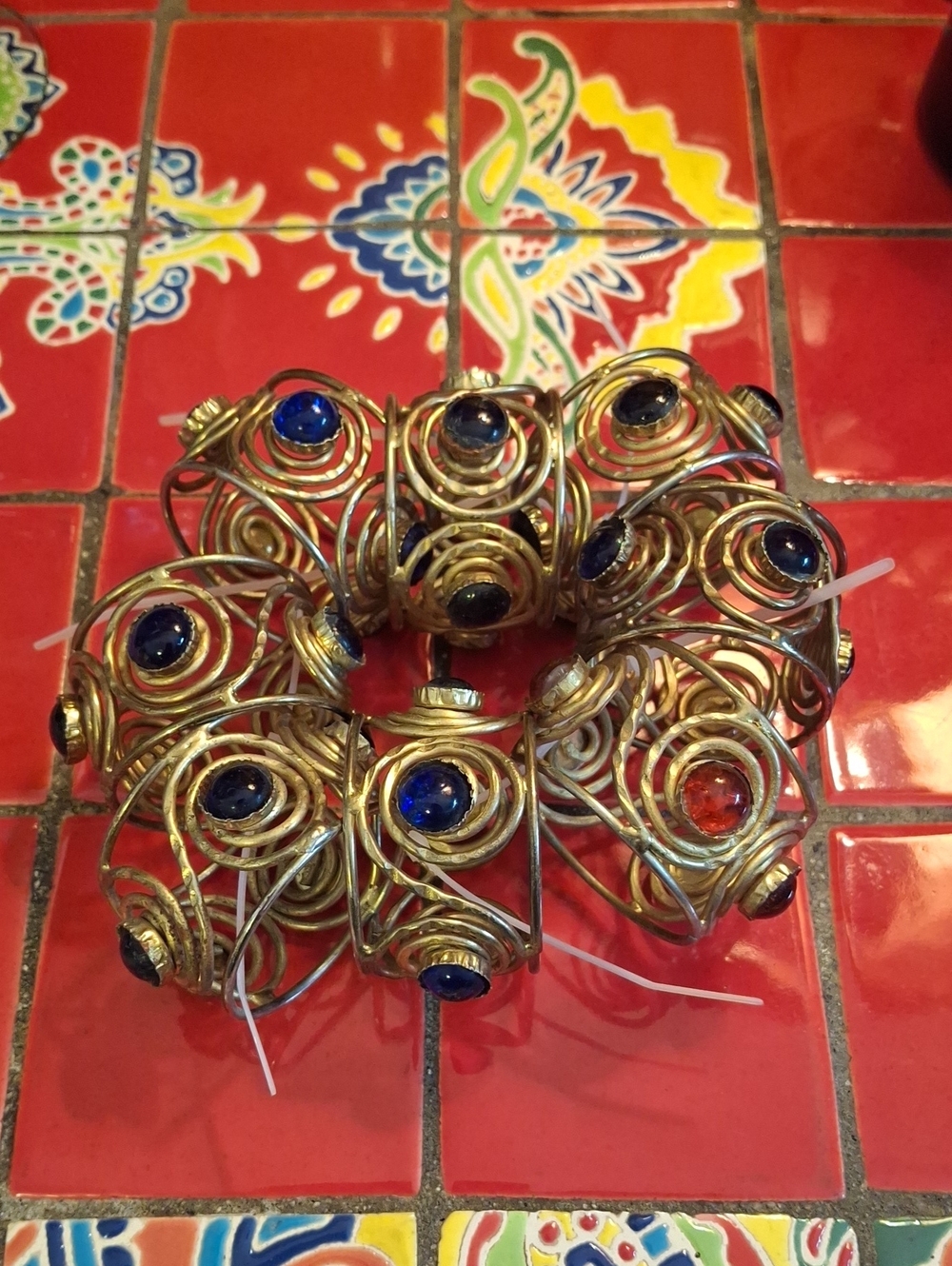 Vintage '80's Brass Filigree & Glass Jeweled Napkin Rings Set Of 8 Blue, Red, Bk